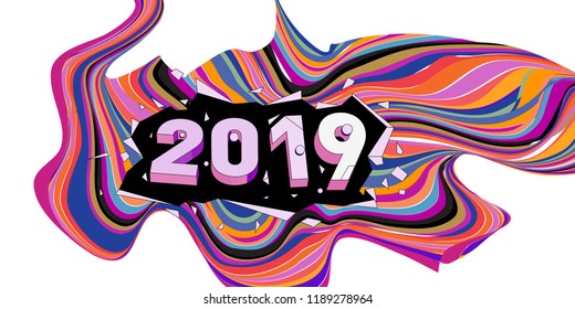 2019 New Year text with Wavy Colorful Line Background. New Year Design Template for Card, Poster, and Party Celebration.