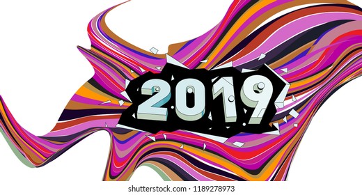 2019 New Year text with Wavy Colorful Line Background. New Year Design Template for Card, Poster, and Party Celebration.