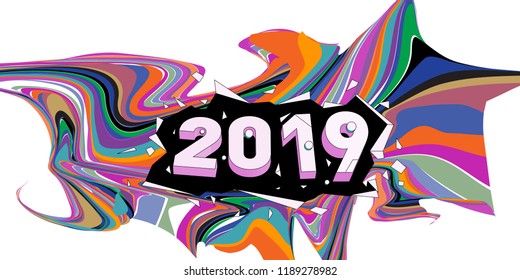 2019 New Year text with Wavy Colorful Line Background. New Year Design Template for Card, Poster, and Party Celebration.