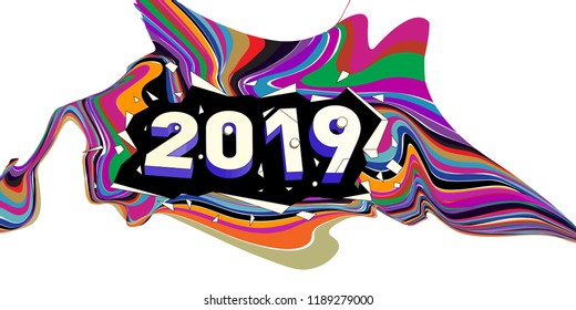 2019 New Year text with Wavy Colorful Line Background. New Year Design Template for Card, Poster, and Party Celebration.