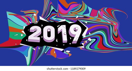 2019 New Year text with Wavy Colorful Line Background. New Year Design Template for Card, Poster, and Party Celebration.