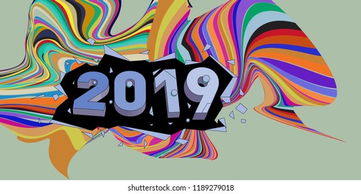 2019 New Year text with Wavy Colorful Line Background. New Year Design Template for Card, Poster, and Party Celebration.