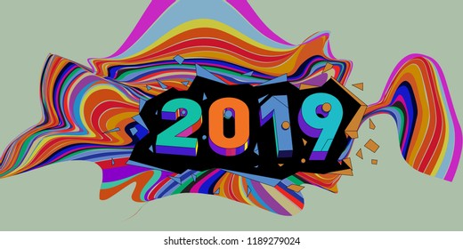 2019 New Year text with Wavy Colorful Line Background. New Year Design Template for Card, Poster, and Party Celebration.