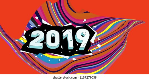 2019 New Year text with Wavy Colorful Line Background. New Year Design Template for Card, Poster, and Party Celebration.
