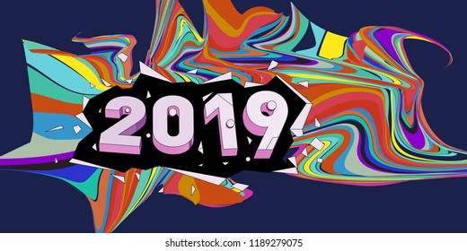 2019 New Year text with Wavy Colorful Line Background. New Year Design Template for Card, Poster, and Party Celebration.