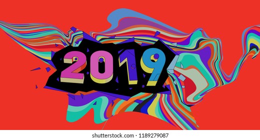 2019 New Year text with Wavy Colorful Line Background. New Year Design Template for Card, Poster, and Party Celebration.
