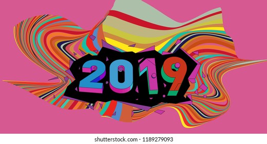 2019 New Year text with Wavy Colorful Line Background. New Year Design Template for Card, Poster, and Party Celebration.