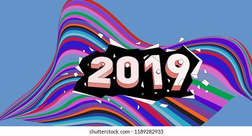 2019 New Year text with Wavy Colorful Line Background. New Year Design Template for Card, Poster, and Party Celebration.