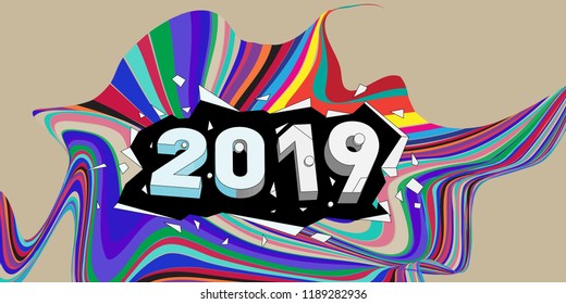 2019 New Year text with Wavy Colorful Line Background. New Year Design Template for Card, Poster, and Party Celebration.