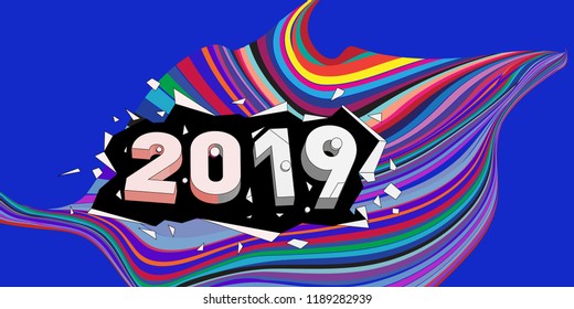 2019 New Year text with Wavy Colorful Line Background. New Year Design Template for Card, Poster, and Party Celebration.