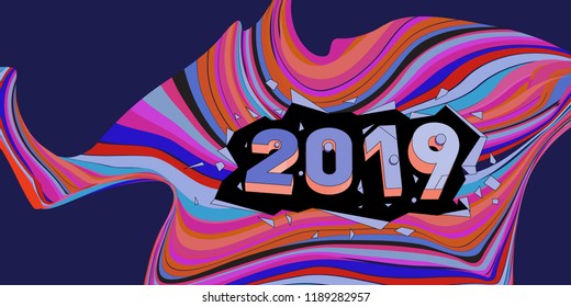 2019 New Year text with Wavy Colorful Line Background. New Year Design Template for Card, Poster, and Party Celebration.