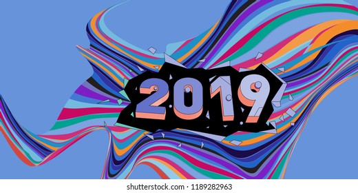 2019 New Year text with Wavy Colorful Line Background. New Year Design Template for Card, Poster, and Party Celebration.