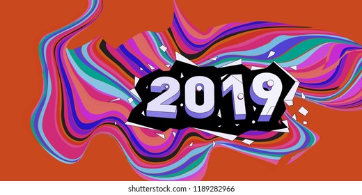 2019 New Year text with Wavy Colorful Line Background. New Year Design Template for Card, Poster, and Party Celebration.