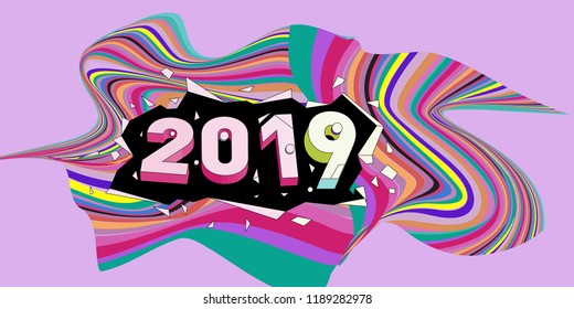 2019 New Year text with Wavy Colorful Line Background. New Year Design Template for Card, Poster, and Party Celebration.