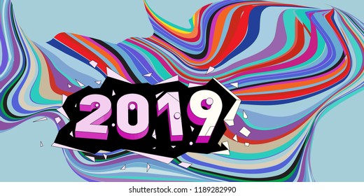 2019 New Year text with Wavy Colorful Line Background. New Year Design Template for Card, Poster, and Party Celebration.