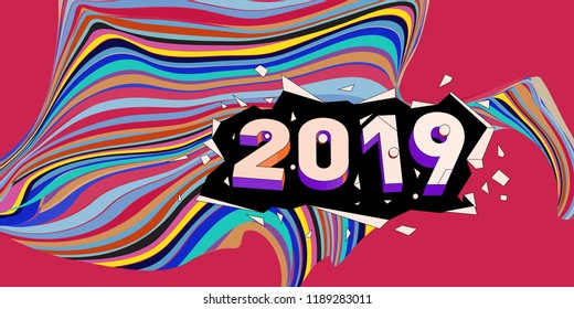 2019 New Year text with Wavy Colorful Line Background. New Year Design Template for Card, Poster, and Party Celebration.