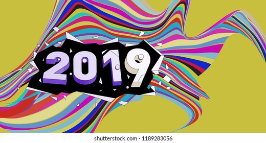 2019 New Year text with Wavy Colorful Line Background. New Year Design Template for Card, Poster, and Party Celebration.