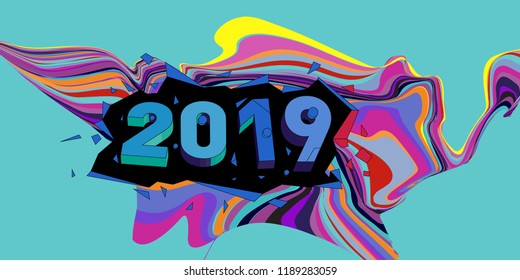 2019 New Year text with Wavy Colorful Line Background. New Year Design Template for Card, Poster, and Party Celebration.
