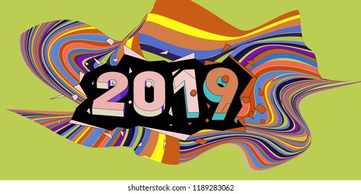 2019 New Year text with Wavy Colorful Line Background. New Year Design Template for Card, Poster, and Party Celebration.