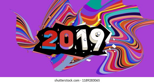 2019 New Year text with Wavy Colorful Line Background. New Year Design Template for Card, Poster, and Party Celebration.
