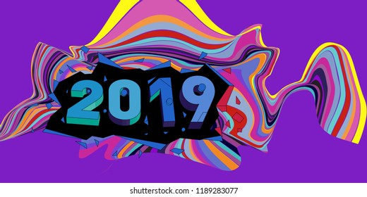 2019 New Year text with Wavy Colorful Line Background. New Year Design Template for Card, Poster, and Party Celebration.