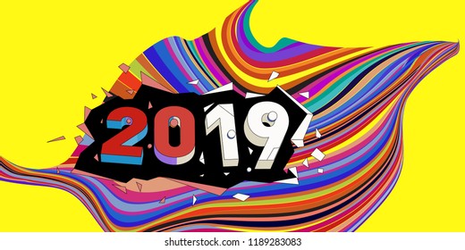 2019 New Year text with Wavy Colorful Line Background. New Year Design Template for Card, Poster, and Party Celebration.