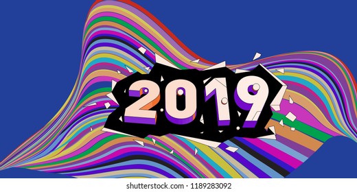 2019 New Year text with Wavy Colorful Line Background. New Year Design Template for Card, Poster, and Party Celebration.