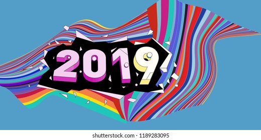 2019 New Year text with Wavy Colorful Line Background. New Year Design Template for Card, Poster, and Party Celebration.