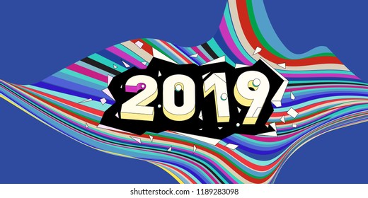 2019 New Year text with Wavy Colorful Line Background. New Year Design Template for Card, Poster, and Party Celebration.