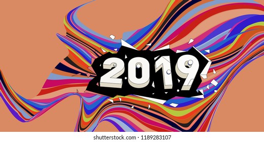 2019 New Year text with Wavy Colorful Line Background. New Year Design Template for Card, Poster, and Party Celebration.