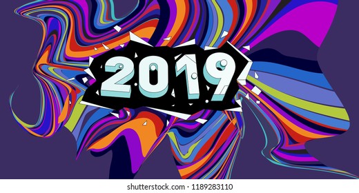 2019 New Year text with Wavy Colorful Line Background. New Year Design Template for Card, Poster, and Party Celebration.