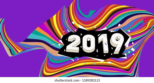 2019 New Year text with Wavy Colorful Line Background. New Year Design Template for Card, Poster, and Party Celebration.
