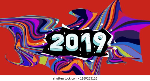 2019 New Year text with Wavy Colorful Line Background. New Year Design Template for Card, Poster, and Party Celebration.