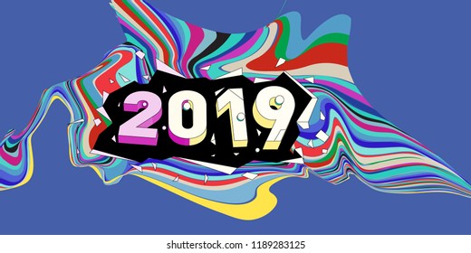 2019 New Year text with Wavy Colorful Line Background. New Year Design Template for Card, Poster, and Party Celebration.