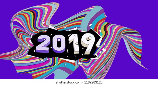 2019 New Year text with Wavy Colorful Line Background. New Year Design Template for Card, Poster, and Party Celebration.