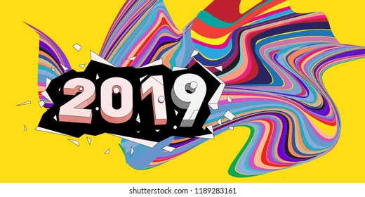 2019 New Year text with Wavy Colorful Line Background. New Year Design Template for Card, Poster, and Party Celebration.