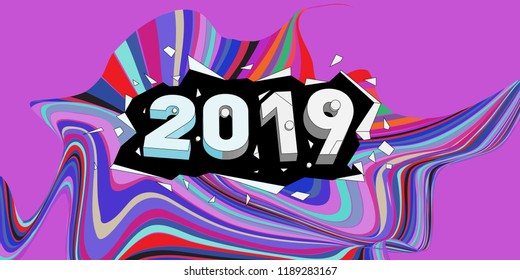 2019 New Year text with Wavy Colorful Line Background. New Year Design Template for Card, Poster, and Party Celebration.
