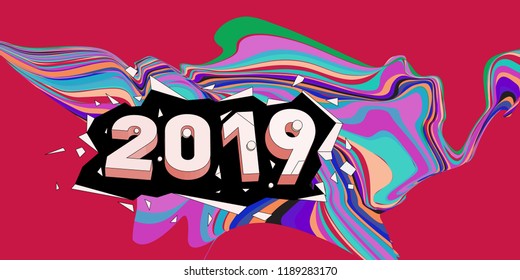 2019 New Year text with Wavy Colorful Line Background. New Year Design Template for Card, Poster, and Party Celebration.