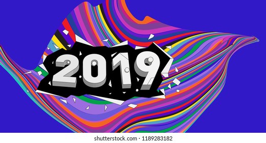 2019 New Year text with Wavy Colorful Line Background. New Year Design Template for Card, Poster, and Party Celebration.
