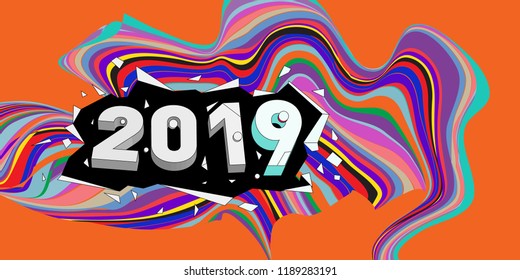 2019 New Year text with Wavy Colorful Line Background. New Year Design Template for Card, Poster, and Party Celebration.