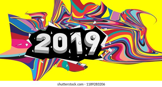 2019 New Year text with Wavy Colorful Line Background. New Year Design Template for Card, Poster, and Party Celebration.