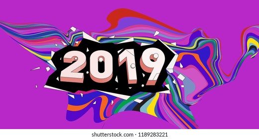 2019 New Year text with Wavy Colorful Line Background. New Year Design Template for Card, Poster, and Party Celebration.