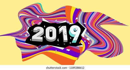 2019 New Year text with Wavy Colorful Line Background. New Year Design Template for Card, Poster, and Party Celebration.