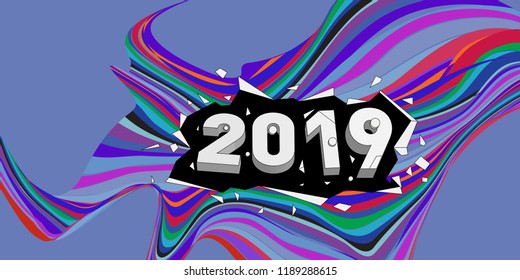 2019 New Year text with Wavy Colorful Line Background. New Year Design Template for Card, Poster, and Party Celebration.