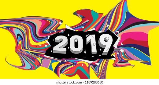 2019 New Year text with Wavy Colorful Line Background. New Year Design Template for Card, Poster, and Party Celebration.