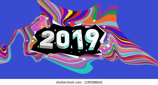 2019 New Year text with Wavy Colorful Line Background. New Year Design Template for Card, Poster, and Party Celebration.