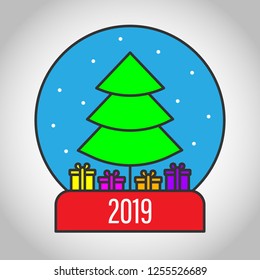 2019 New year tree vector sign. Snow ball icon. Christmas linear icon. Christmas snow ball toy icon. Color snow ball sphere illustration for Christmas card.
