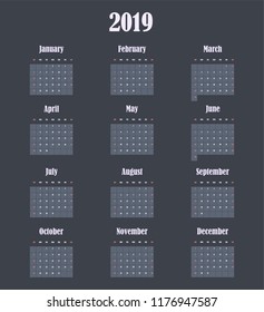 2019 New year vector calendar in minimal simple style on dark background. Week starts in Sunday, twelve month calendar in one. Work and holiday events planner, block-almanac mockup or template
