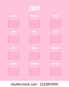 2019 New year vector calendar in minimal simple style on tender pink background. Week starts in Sunday, twelve month calendar in one. Work and holiday events planner, block-almanac mockup or template