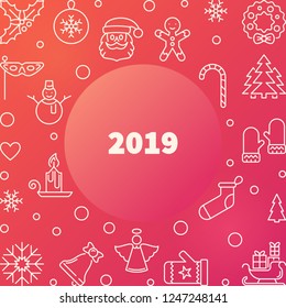 2019 New Year vector colorful square frame or background in thin line style